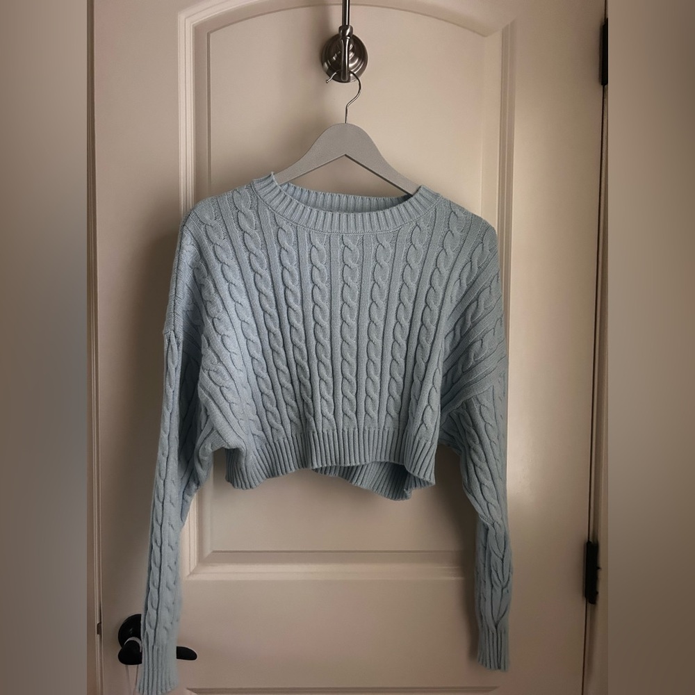 Altar'd State Blue Crew Neck Cable Knit Sweater
